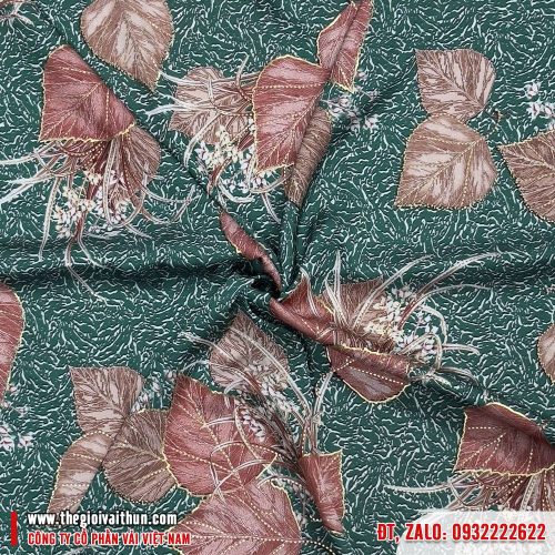 Vải Lụa Bông – Họa tiết lá đỏ nền xanh lục