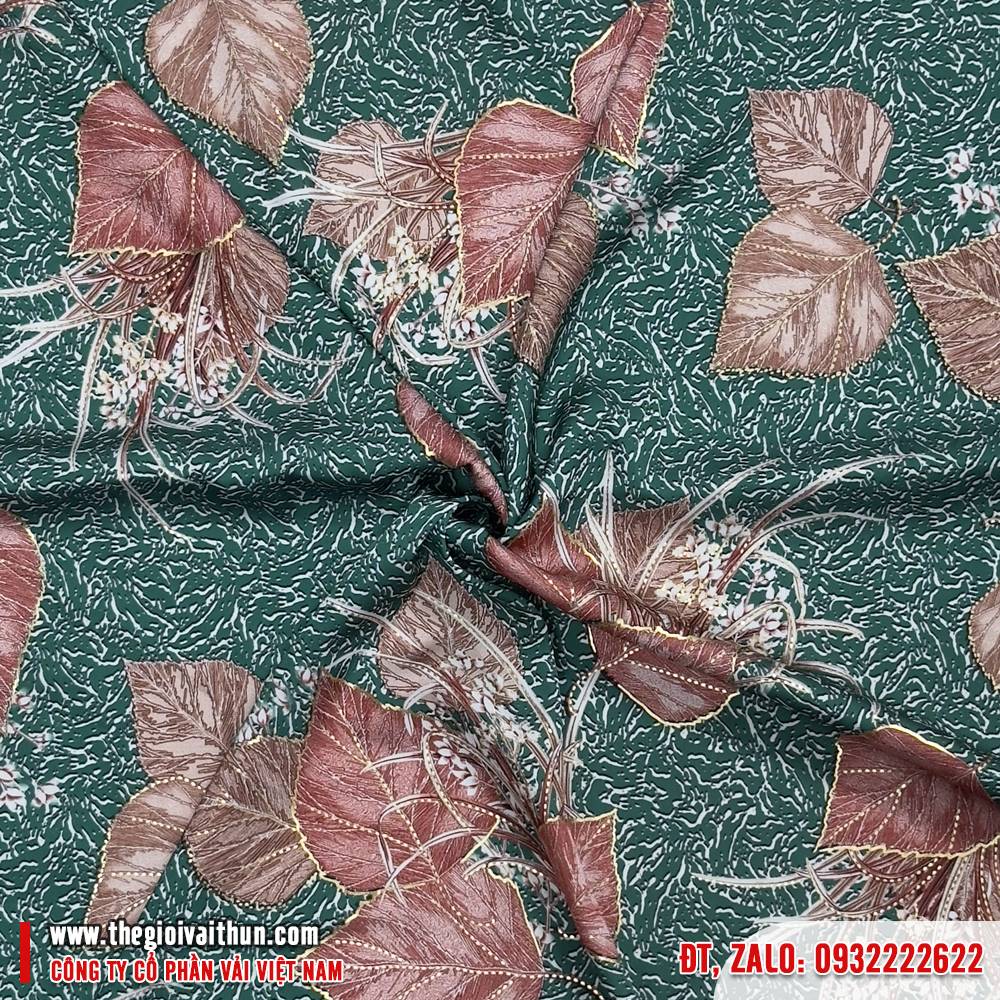 Vải Lụa Bông - Họa tiết lá đỏ nền xanh lục
