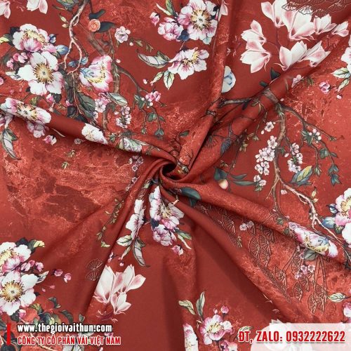Vải Lụa Bông – Hoa trắng nền đỏ