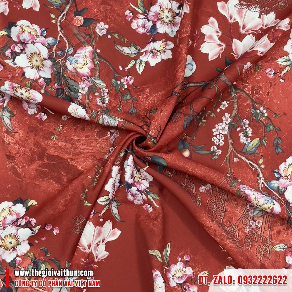 Vải Lụa Bông - Hoa trắng nền đỏ