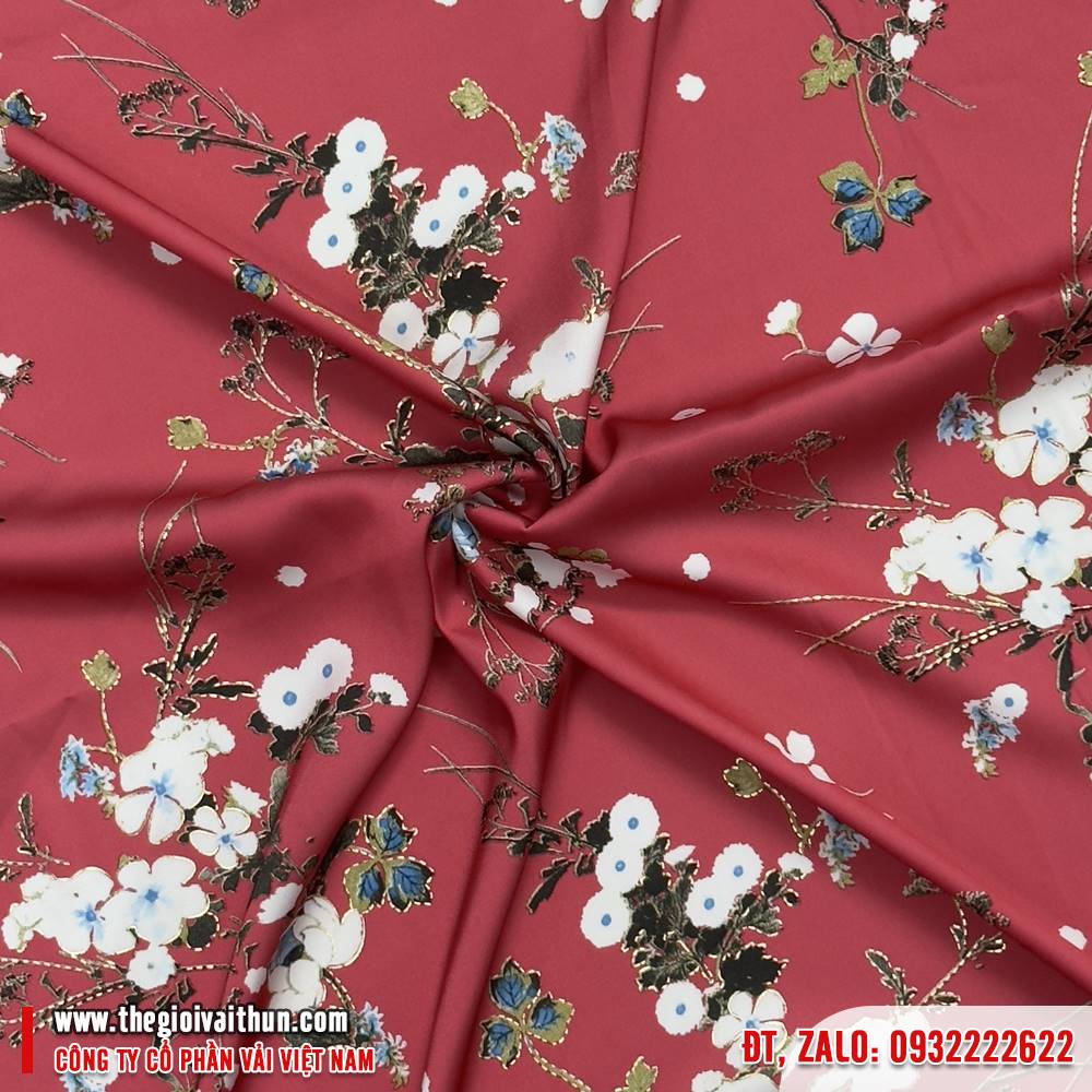Vải Lụa Bông - Hoa trắng nhỏ nền Đỏ - Hình ảnh 8