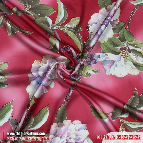 Vải Lụa Bông – Họa tiết hoa đào nền Hồng
