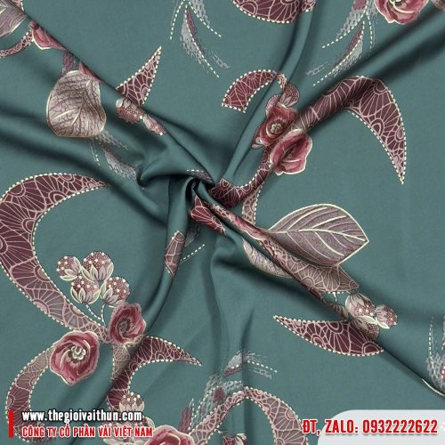 Vải Lụa Bông – Họa tiết móc đỏ nền xanh lục