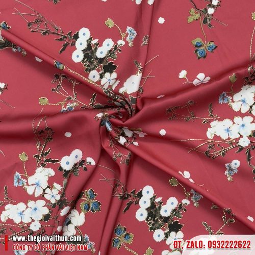Vải Lụa Bông – Hoa trắng nhỏ nền Đỏ